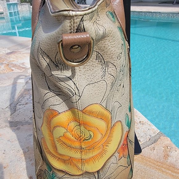 Anuschka Hand Painted Leather Satchel - Floral And Butterfly Design - Picture 10 of 16